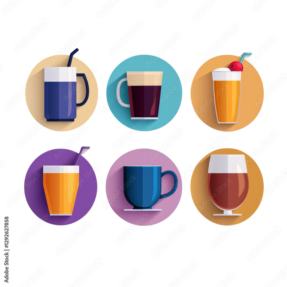 Variety of Drinks in Circular Icons Including Beer, Coffee, and Juice Illustrations Variety of Drinks in Circular Icons Including Beer, Coffee, and Juice Illustrations