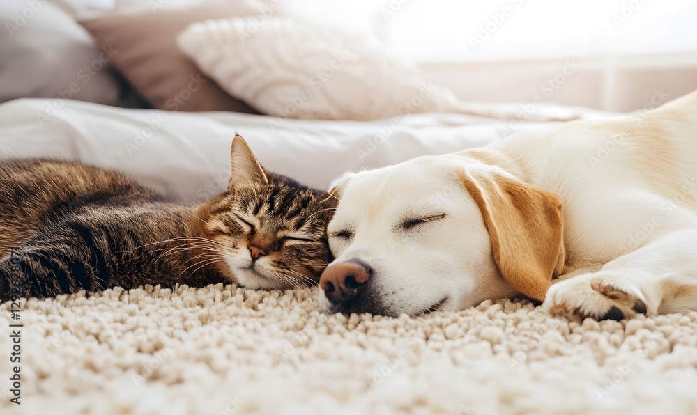 Obraz premium A cute dog resting its head near a cat on a plush rug. Generative AI