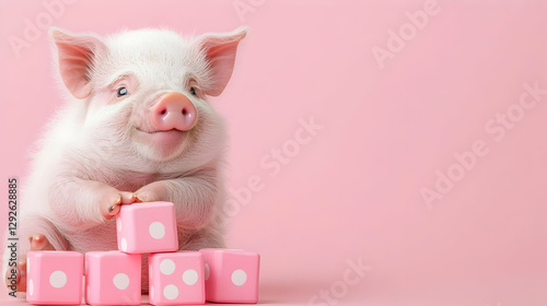 Wallpaper Mural Adorable Pink Piglet with Pink Dice on Soft Pastel Background Torontodigital.ca