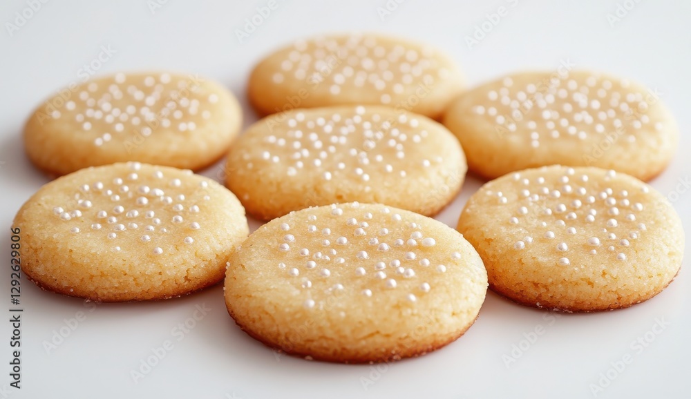 Freshly Baked Golden Cookies with Sugar Pearls on a Light Background, Perfect for Celebrations and Dessert Tables, Ideal for Food Photography and Blogging Freshly Baked Golden Cookies with Sugar Pearls on a Light Background, Perfect for Celebrations and Dessert Tables, Ideal for Food Photography and Blogging