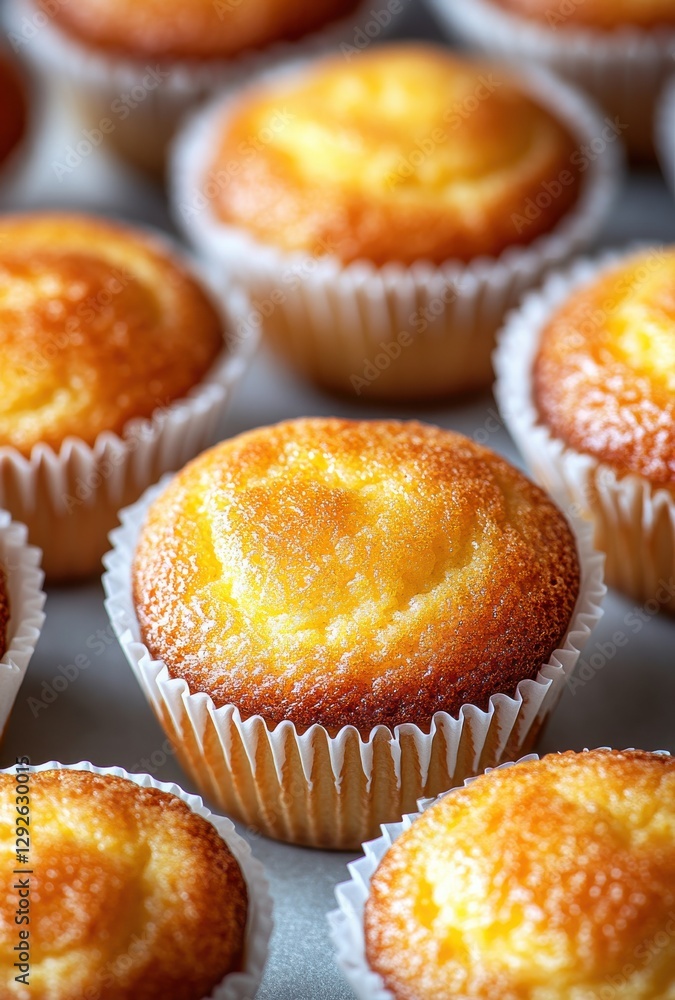 Freshly Baked Golden Cupcakes with Lightly Browned Tops in an Appealing Arrangement on a Baking Tray Freshly Baked Golden Cupcakes with Lightly Browned Tops in an Appealing Arrangement on a Baking Tray