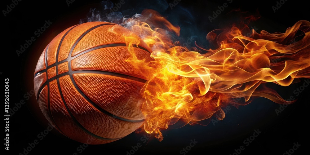 Intense flames engulfing a basketball on a dark black background , sport, basketball, sport, basketball, night Intense flames engulfing a basketball on a dark black background , sport, basketball, sport, basketball, night