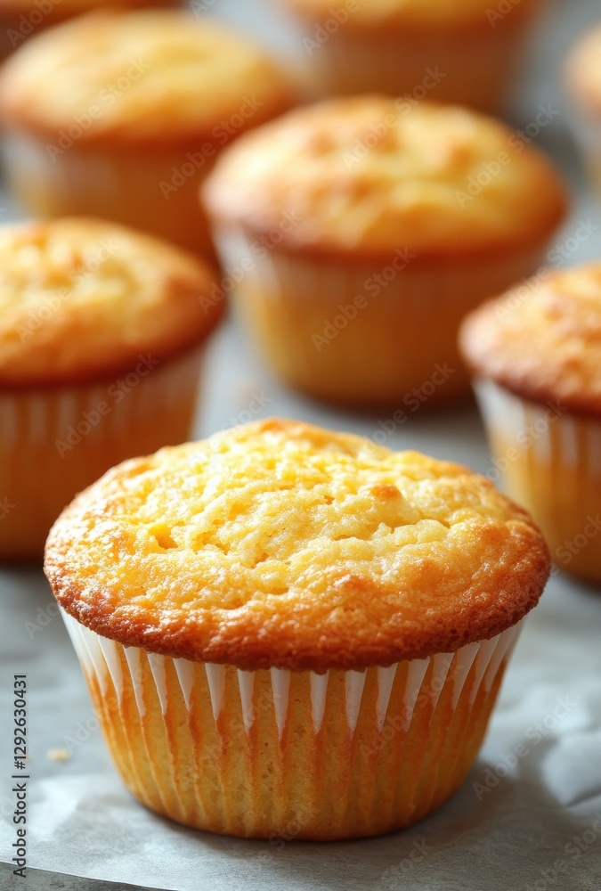 Freshly Baked Golden Muffins with Light Brown Tops on Gray Background Perfect for Breakfast or Dessert, Ideal for Food Photography Projects Freshly Baked Golden Muffins with Light Brown Tops on Gray Background Perfect for Breakfast or Dessert, Ideal for Food Photography Projects