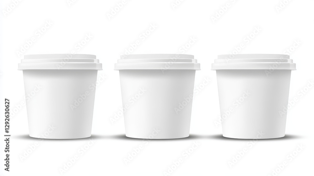 Realistic set of white food containers isolated on transparent background. Vector illustration of 3D ice cream or yogurt bucket mockup with blank surface ready for branding. Paper tub for meal storage Realistic set of white food containers isolated on transparent background. Vector illustration of 3D ice cream or yogurt bucket mockup with blank surface ready for branding. Paper tub for meal storage