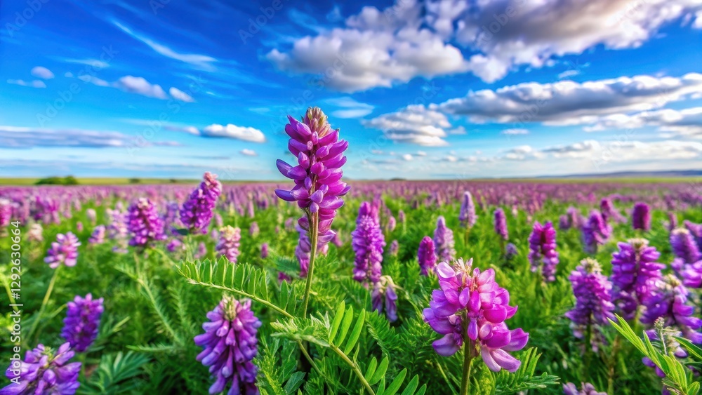 Mongolian milkvetch with vibrant purple flowers and lush green leaves in a vast, open field against a clear blue sky Mongolian milkvetch with vibrant purple flowers and lush green leaves in a vast, open field against a clear blue sky