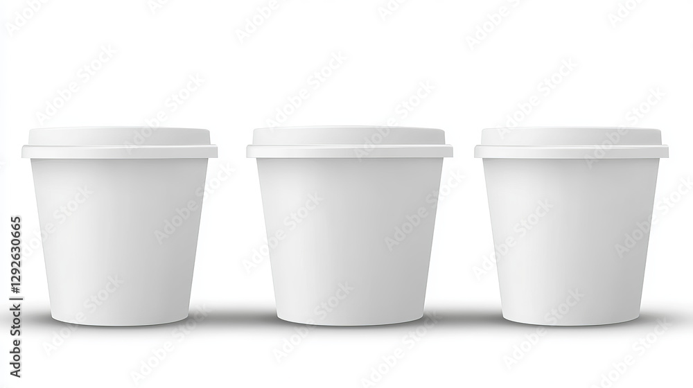 Realistic set of white food containers isolated on transparent background. Vector illustration of 3D ice cream or yogurt bucket mockup with blank surface ready for branding. Paper tub for meal storage Realistic set of white food containers isolated on transparent background. Vector illustration of 3D ice cream or yogurt bucket mockup with blank surface ready for branding. Paper tub for meal storage