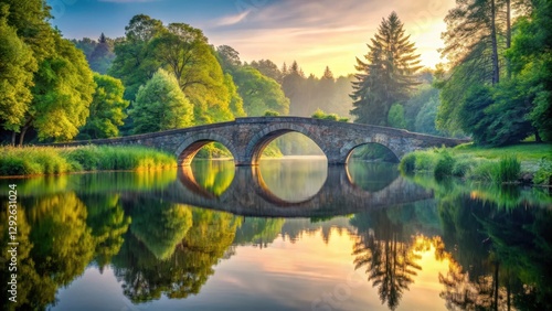 Ancient stone bridge spans tranquil lake at dawn, surrounded by lush greenery and tall trees, architecture photo