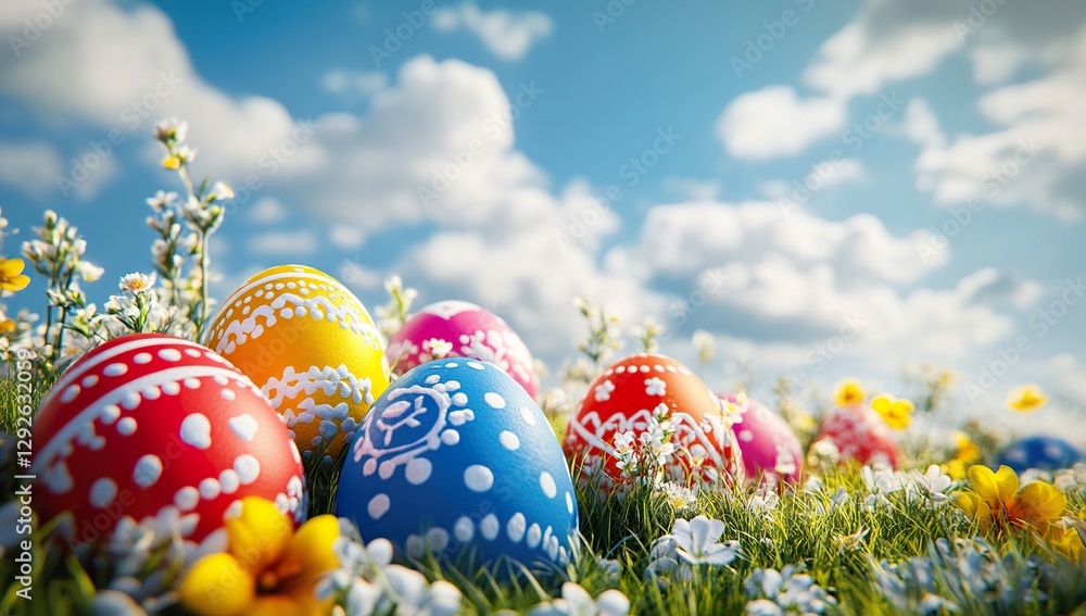 Colorful Easter eggs nestled in a lush meadow adorned with vibrant spring flowers, under a bright blue sky dotted with fluffy clouds. This picturesque Easter background captures a beautiful sunny day Colorful Easter eggs nestled in a lush meadow adorned with vibrant spring flowers, under a bright blue sky dotted with fluffy clouds. This picturesque Easter background captures a beautiful sunny day