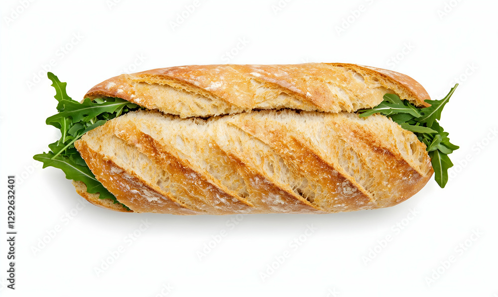 Freshly Baked Baguette with Crisp Greens and Textured Crust Freshly Baked Baguette with Crisp Greens and Textured Crust