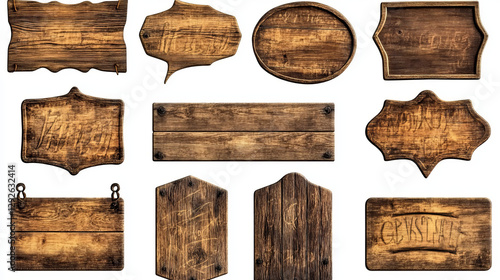 Wooden plaque sign board cartoon vector tag label. Isolated wood signboard set with frame for game interface. Brown rustic plank with timber texture to use as badge or nameplate for announcement.