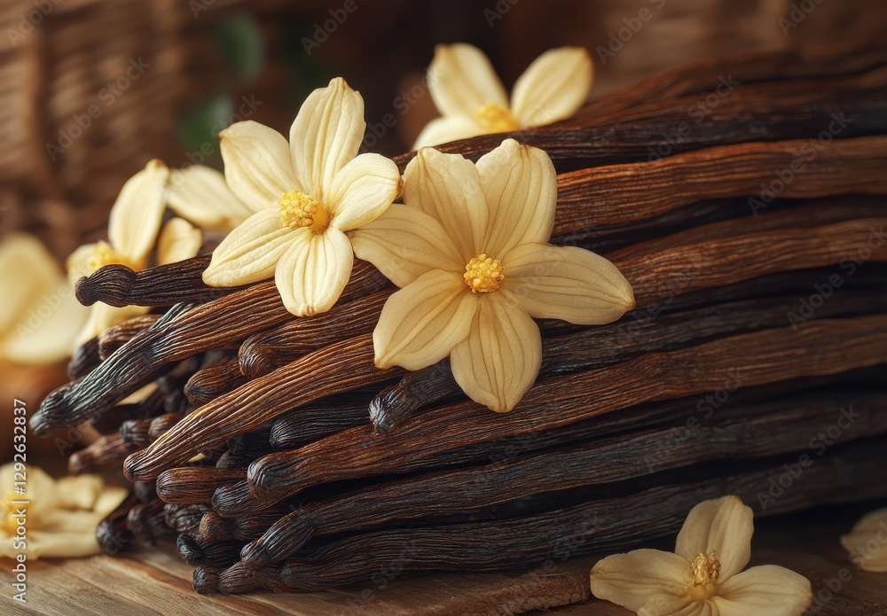Fototapeta premium Freshly harvested vanilla pods with delicate yellow flowers arranged on a wooden surface, providing a warm and natural aesthetic for culinary use