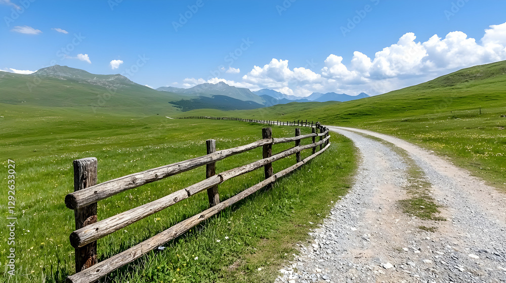 Mountain road, wooden fence, green field, sunny day, travel Mountain road, wooden fence, green field, sunny day, travel