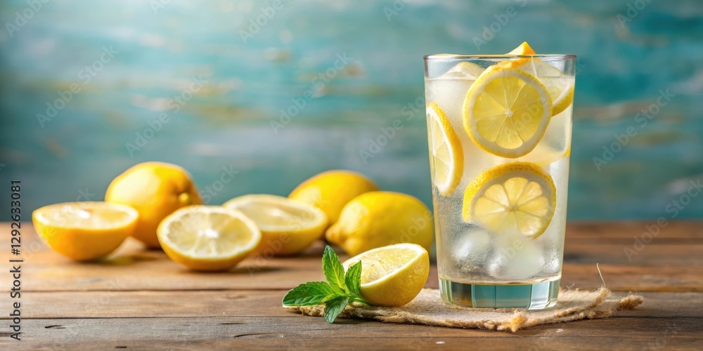 Fototapeta premium Refreshing glass of lemonade with ice cubes and a slice of lemon, beverage, ice cubes, beverage, ice cubes, citrus fruit