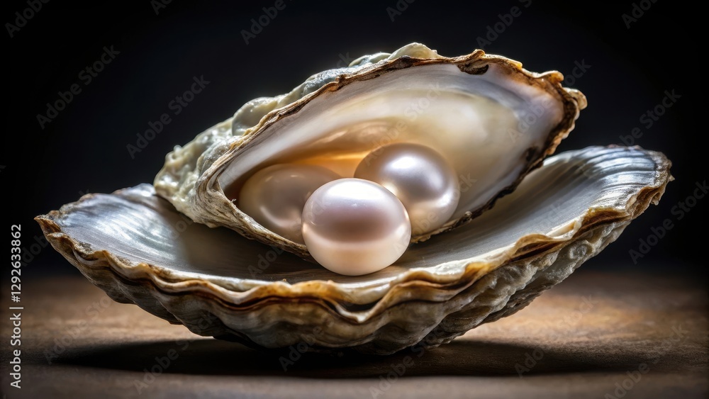 Close up of a natural pearl inside an oyster shell on a black background, underwater, organic Close up of a natural pearl inside an oyster shell on a black background, underwater, organic