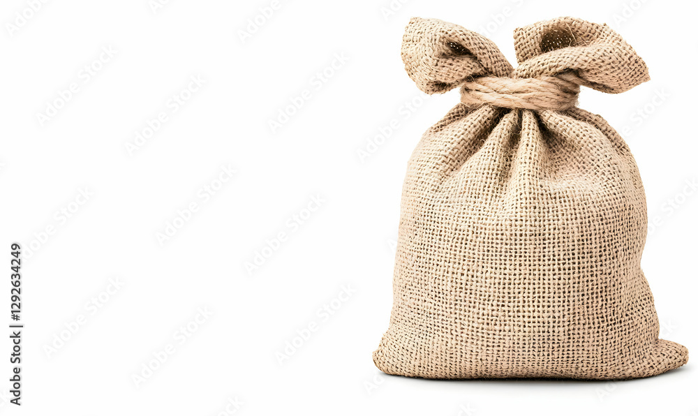 Rustic burlap sack bag tied with a knot on a white background Rustic burlap sack bag tied with a knot on a white background