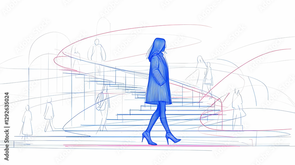 Fototapeta premium Walking Woman in Stylized Urban Environment with Spiraling Lines