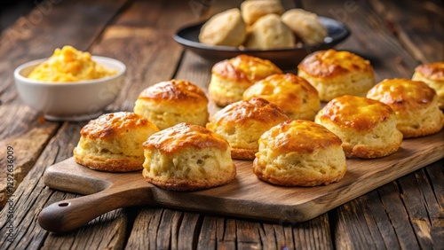 Wallpaper Mural Freshly baked cheese scones emerging from a warm oven with golden brown crust and melted butter drippings on a rustic wooden cutting board, cheese, fresh Torontodigital.ca