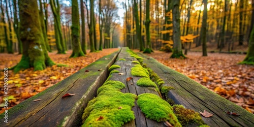 Moss-covered wooden plank with damp, weathered lindens in autumnal hues, lindens, forest,  lindens, forest, moss photo