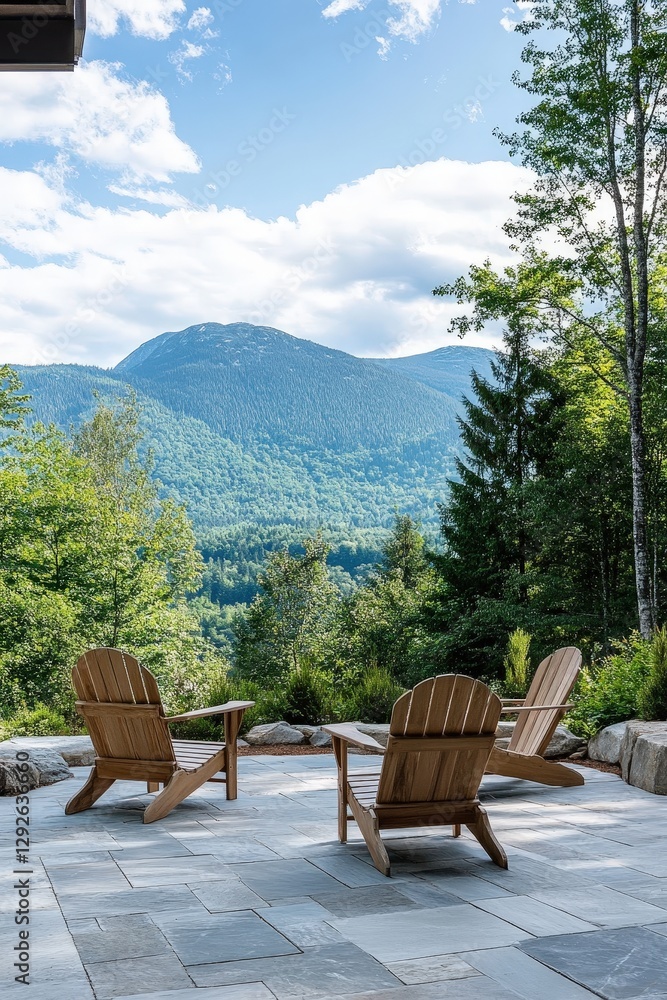 Obraz premium A patio overlooking a serene mountain range with Adirondack chairs