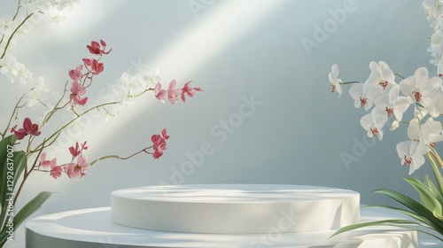 podium natural plant mockup fragrance display. Elegant White Platform with Orchids and Sunlight.