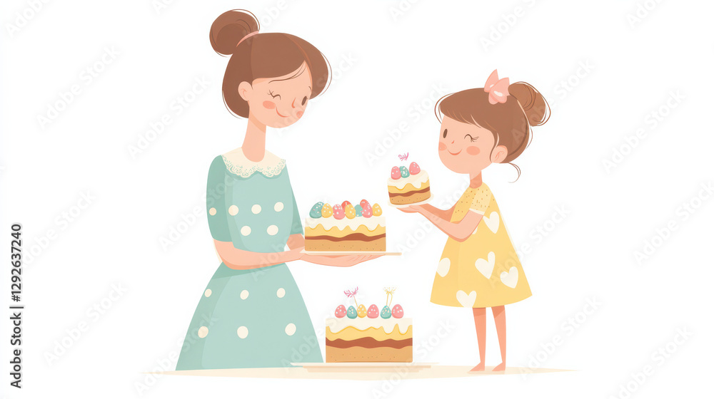 mother and daughter joyfully share Easter cakes decorated with colorful eggs, symbolizing festive celebration mother and daughter joyfully share Easter cakes decorated with colorful eggs, symbolizing festive celebration