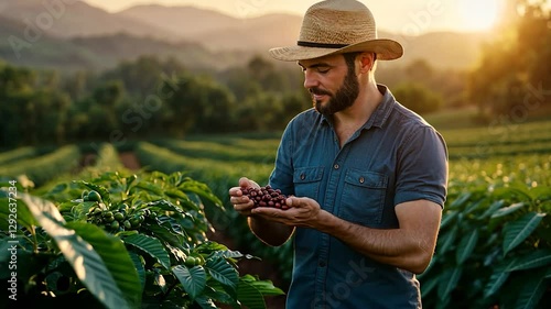 Farmer inspecting coffee beans in plantation at sunset