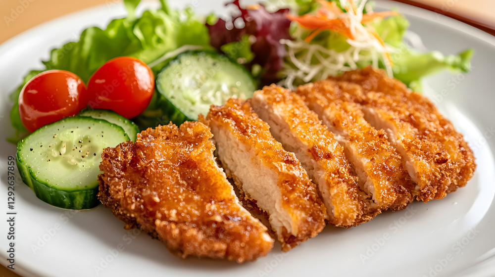Simple Yet Elegant Plating of Tonkatsu with Fresh Vegetables and Garnish on a White Plate Simple Yet Elegant Plating of Tonkatsu with Fresh Vegetables and Garnish on a White Plate