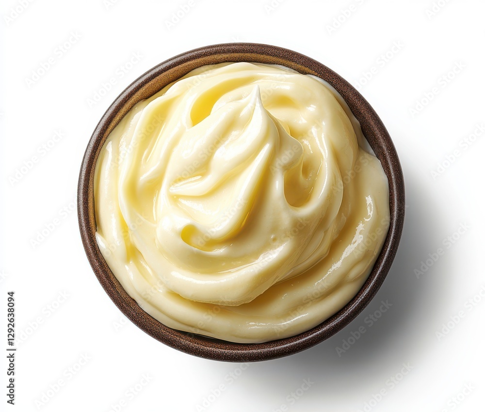 Smooth and Creamy Homemade Mayonnaise in a Brown Wooden Bowl Isolated on White Background Perfect for Culinary and Food Photography Smooth and Creamy Homemade Mayonnaise in a Brown Wooden Bowl Isolated on White Background Perfect for Culinary and Food Photography