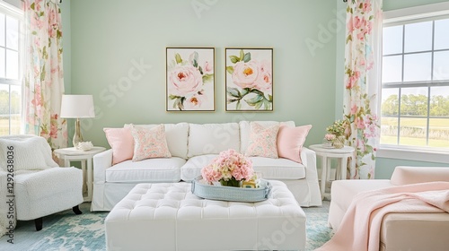 Serene Living Room with Pastel Color Palette and Floral Accents