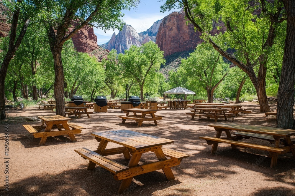 A picturesque picnic area in a state park with wooden tables and grills A picturesque picnic area in a state park with wooden tables and grills