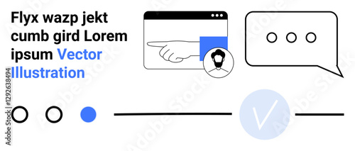 Hand points to a screen with user avatar. Adjacent chat bubble with ellipsis for messaging. Two progress indicators below. Ideal for communication apps, customer service, tutorials, user interaction