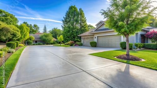 A smooth concrete driveway in a quiet neighborhood with trees and a few cars parked along the side, parked, concrete