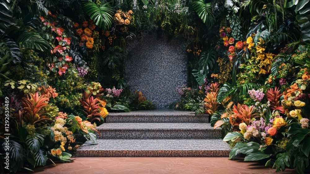 Obraz premium podium natural plant mockup fragrance display. Lush Tropical Garden Staircase Entrance Design.