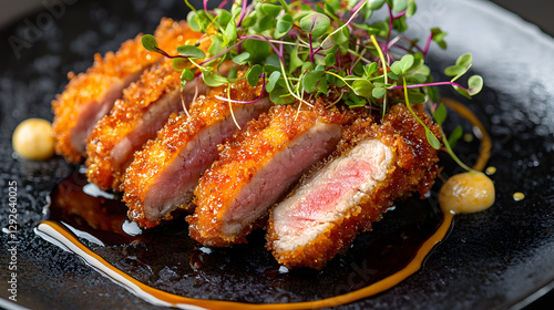 Exquisite Tonkatsu Dish Featuring Rich Flavors and Elegant Presentation on a Stylish Plate photo