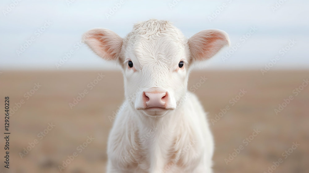 Obraz premium White calf in field, looking at camera. Agriculture, livestock, rural scene