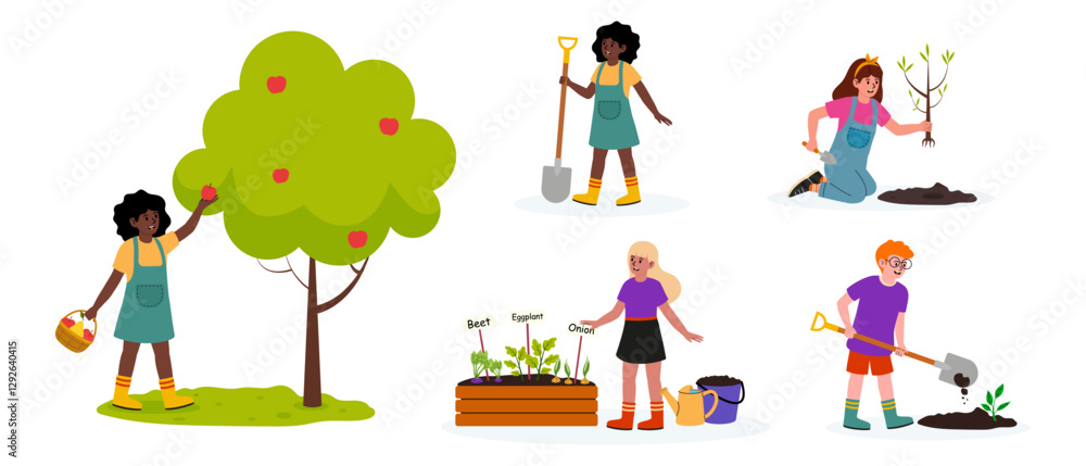 Naklejka premium Community garden with diverse individuals planting and harvesting together