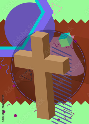 Religion cross, Crucifix geometrical graphic retro theme background. Minimal geometric elements. Vintage abstract shapes vector illustration.