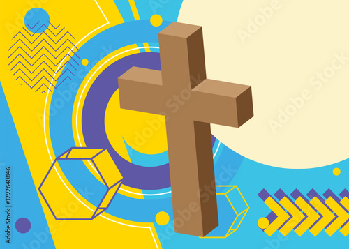 Religion cross, Crucifix geometrical graphic retro theme background. Minimal geometric elements. Vintage abstract shapes vector illustration.