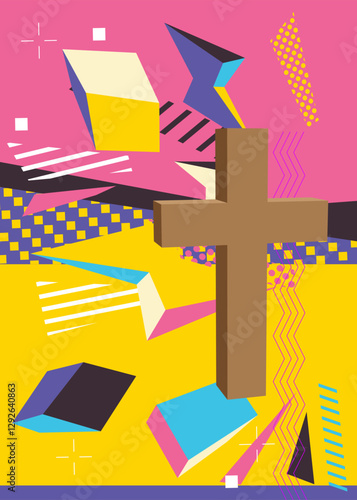 Religion cross, Crucifix geometrical graphic retro theme background. Minimal geometric elements. Vintage abstract shapes vector illustration.