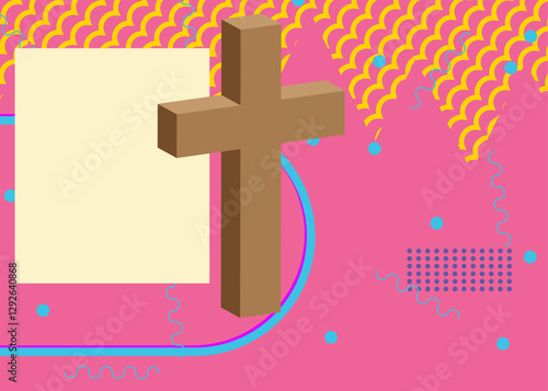 Religion cross, Crucifix geometrical graphic retro theme background. Minimal geometric elements. Vintage abstract shapes vector illustration.