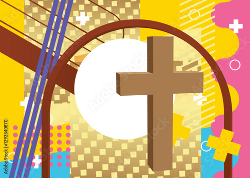 Religion cross, Crucifix geometrical graphic retro theme background. Minimal geometric elements. Vintage abstract shapes vector illustration.