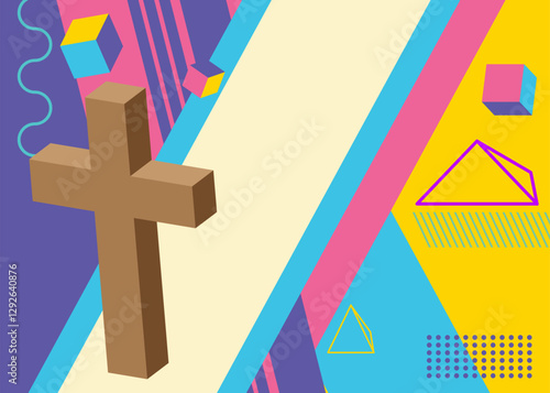 Religion cross, Crucifix geometrical graphic retro theme background. Minimal geometric elements. Vintage abstract shapes vector illustration.