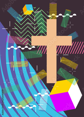 Religion cross, Crucifix geometrical graphic retro theme background. Minimal geometric elements. Vintage abstract shapes vector illustration.