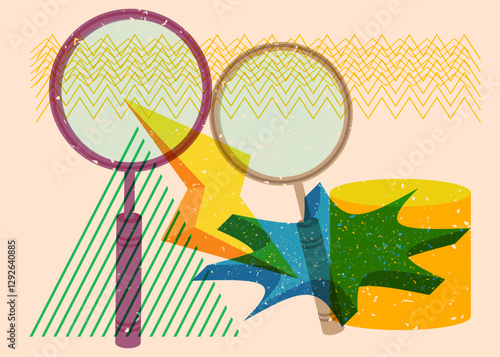 Risograph Magnifying Glass with geometric shapes. Objects in trendy riso graph print texture style design with geometry elements.