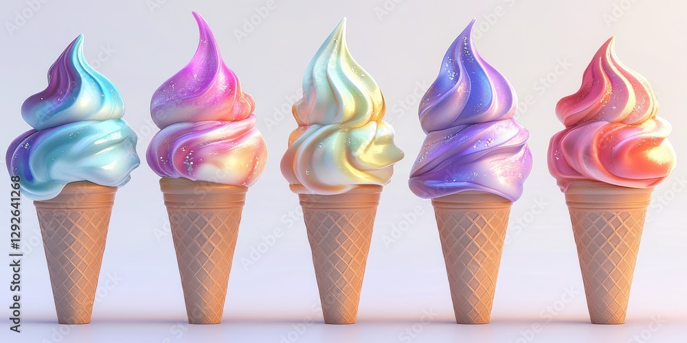 Vibrant Colorful Swirl Ice Cream Cones in a Row with Delightful Toppings and Attractive Presentation for Summer Treats and Celebrations Vibrant Colorful Swirl Ice Cream Cones in a Row with Delightful Toppings and Attractive Presentation for Summer Treats and Celebrations