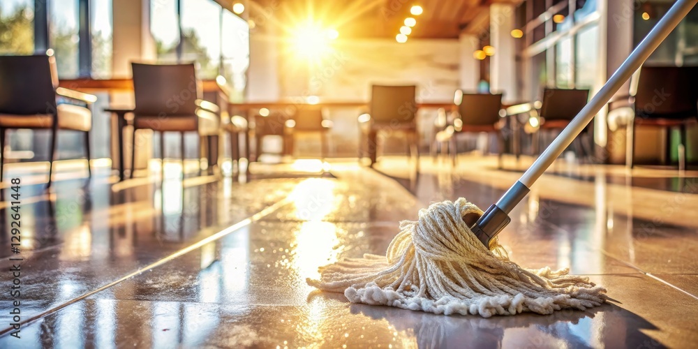 Obraz premium A sparkling clean mop head with soap suds on a sunlit restaurant floor after thorough cleaning and sanitizing process, sanitation, janitorial supplies