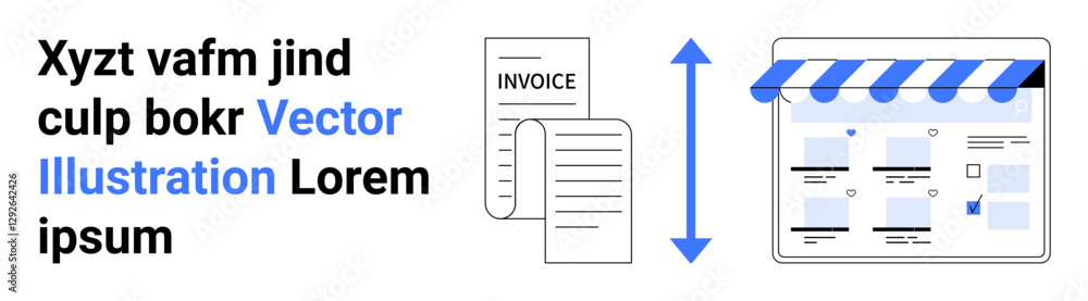 Documents labeled Invoice next to an upward-pointing arrow indicating growth or progression, pointing to a web interface with a storefront awning. Ideal for e-commerce, invoicing, online business