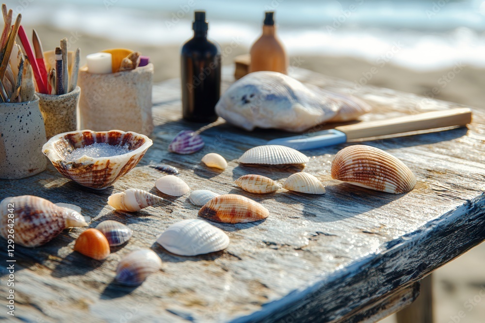 Seashells And Crafts On Weathered Beach Table Seashells And Crafts On Weathered Beach Table