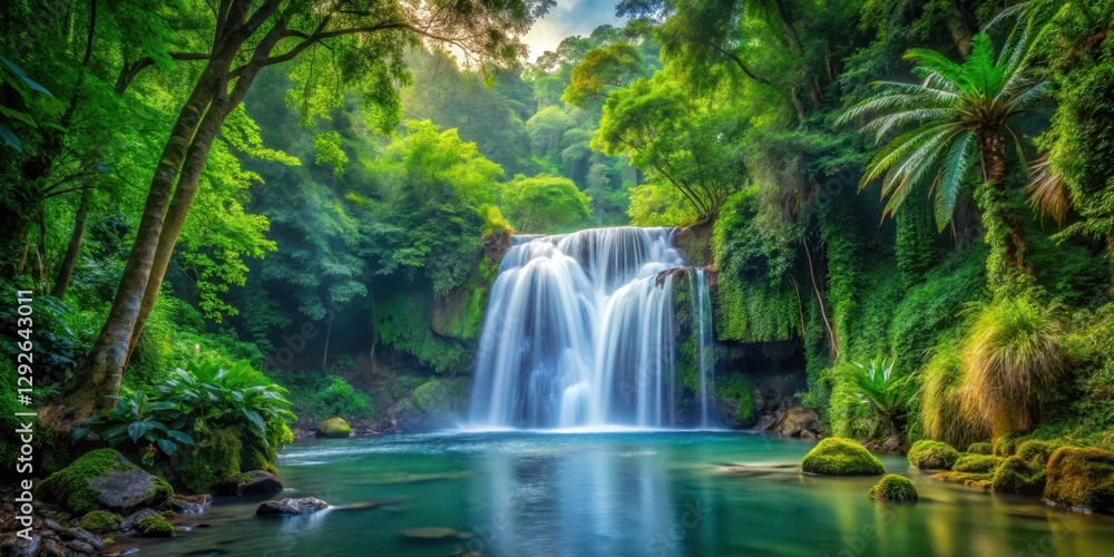 Fototapeta premium waterfall amidst dense foliage, peaceful atmosphere