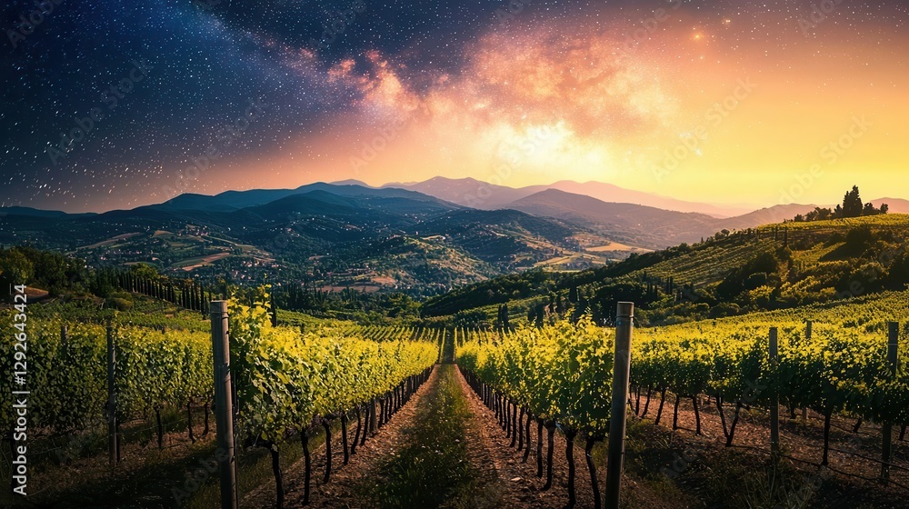 Naklejka premium Vineyard at Sunset Under a Starry Sky